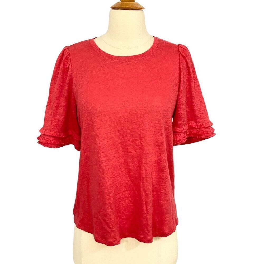 Chico's NWT Linen Fringe Sleeve Tee Top Short Sleeve Chrysanthemum Coral Size 0